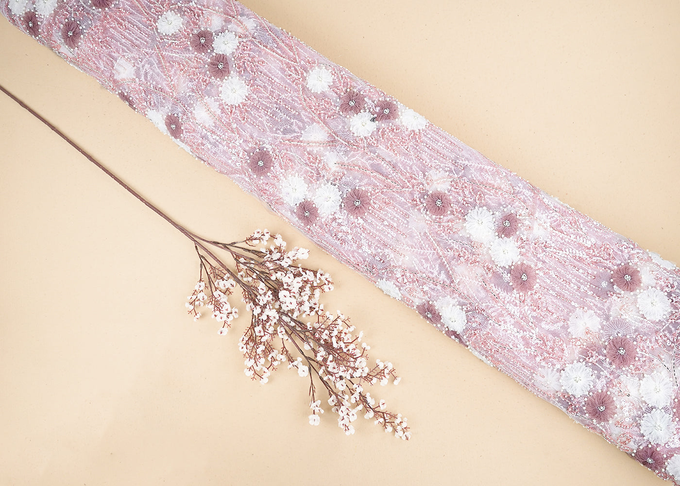 Light Pink Imported Net Fabric with Allover Ribbon Work, Katdana & Bead Work with Two-Side Scalloped Edges 19723