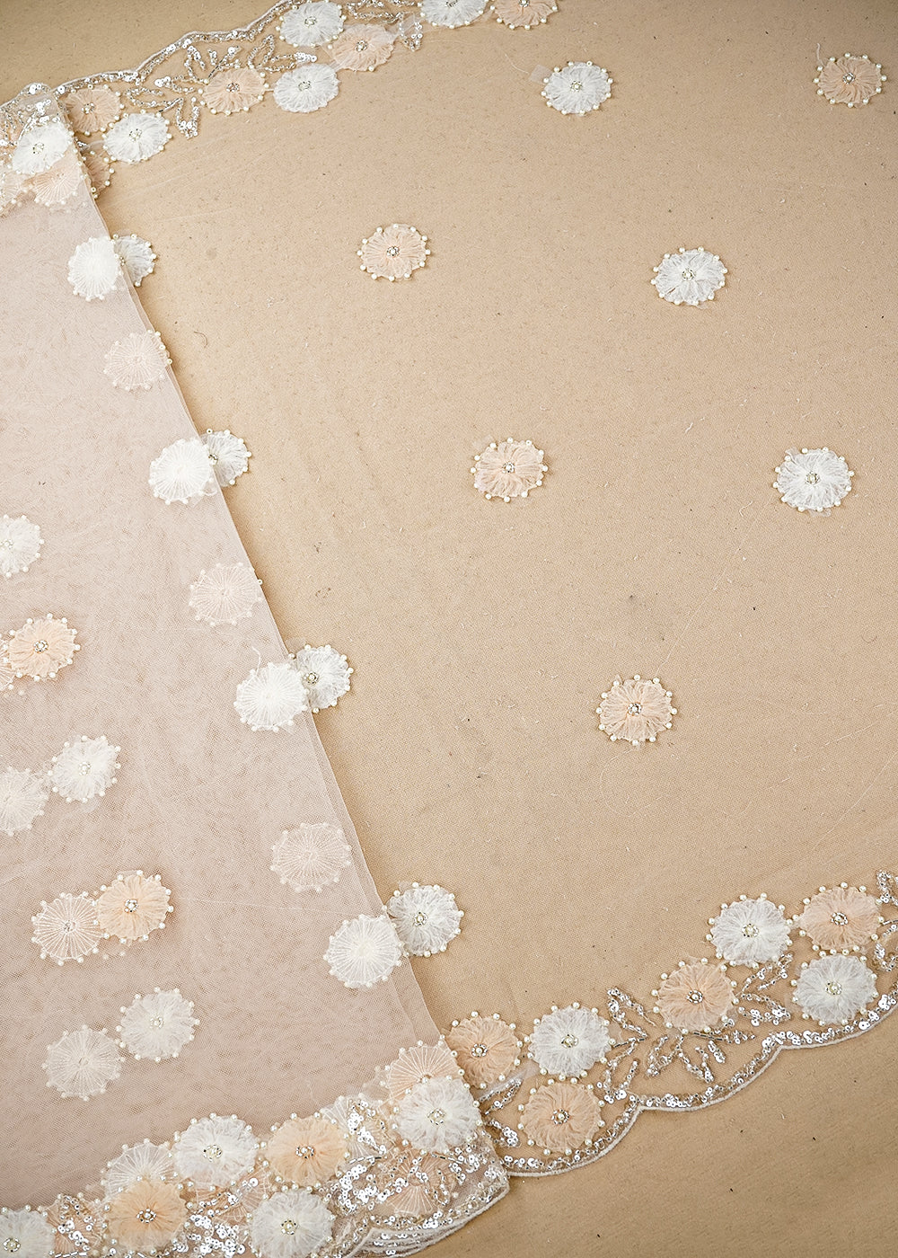 Cream Imported Net Fabric with Allover Ribbon work, Katdana & Bead Work with Two-Side Border 19724