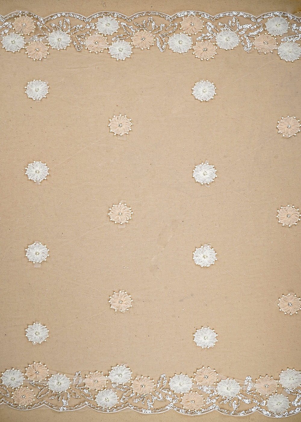 Cream Imported Net Fabric with Allover Ribbon work, Katdana & Bead Work with Two-Side Border 19724