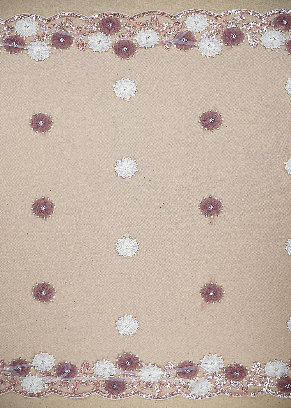 Light Pink Imported Net Fabric with Allover Ribbon Work, Katdana & Bead Work with Two-Side Border 19726