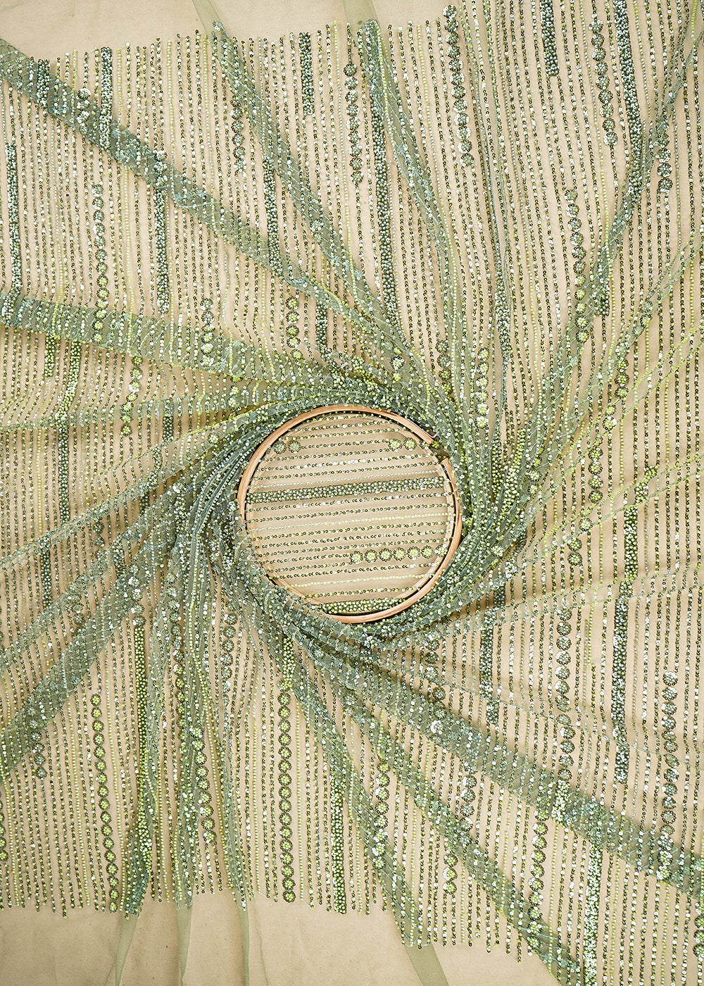 Mehendi Green Imported Net Fabric with Allover Sequins and Bead Work 19728