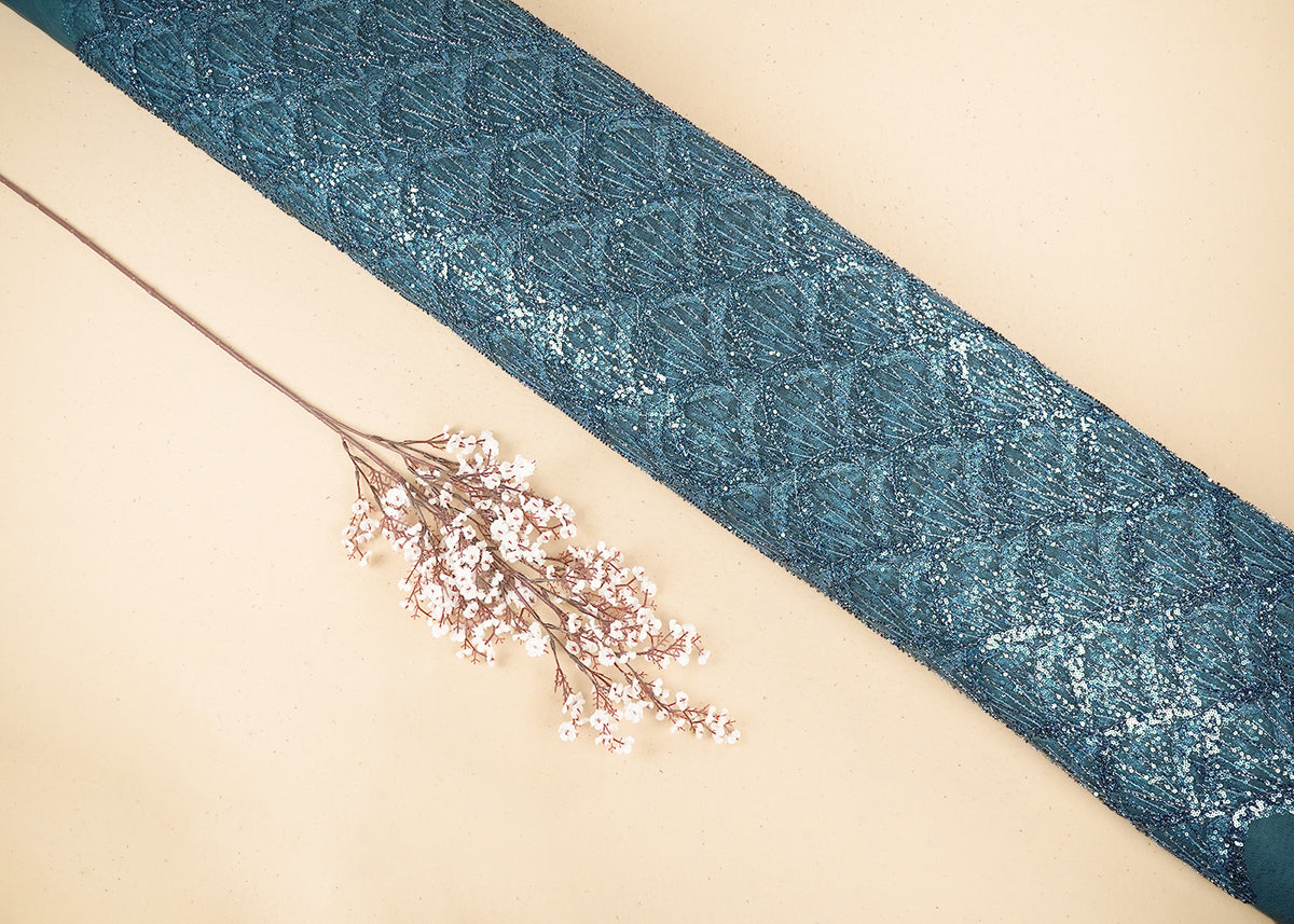 Ocean Blue Net Fabric with Bead & Sequins Work 19732