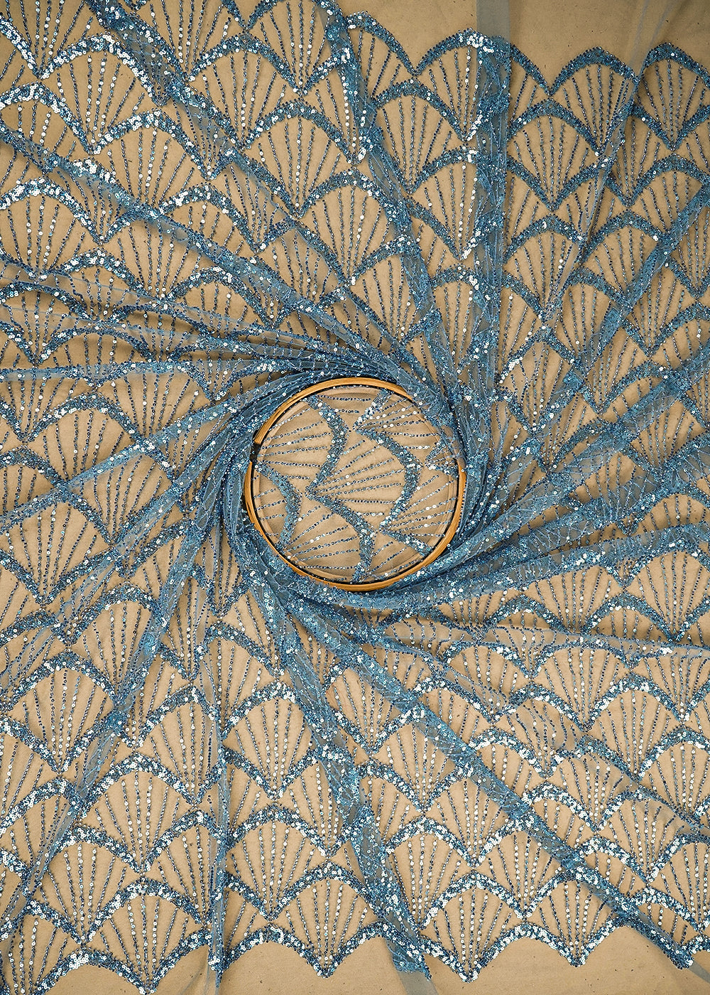 Blue Imported Net Fabric with Allover Bead & Sequins Work 19732