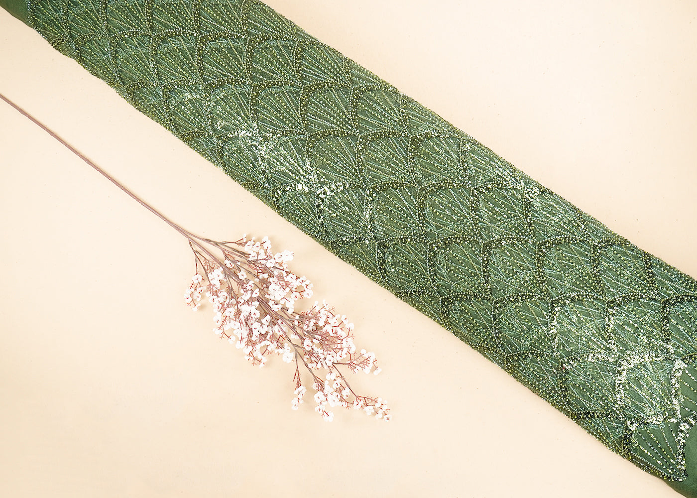 Dark Pista Green Imported Net Fabric with Allover Bead & Sequins Work 19733