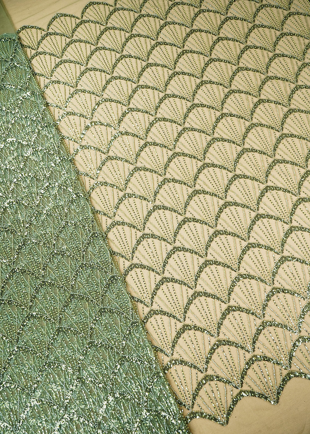 Dark Pista Green Imported Net Fabric with Allover Bead & Sequins Work 19733