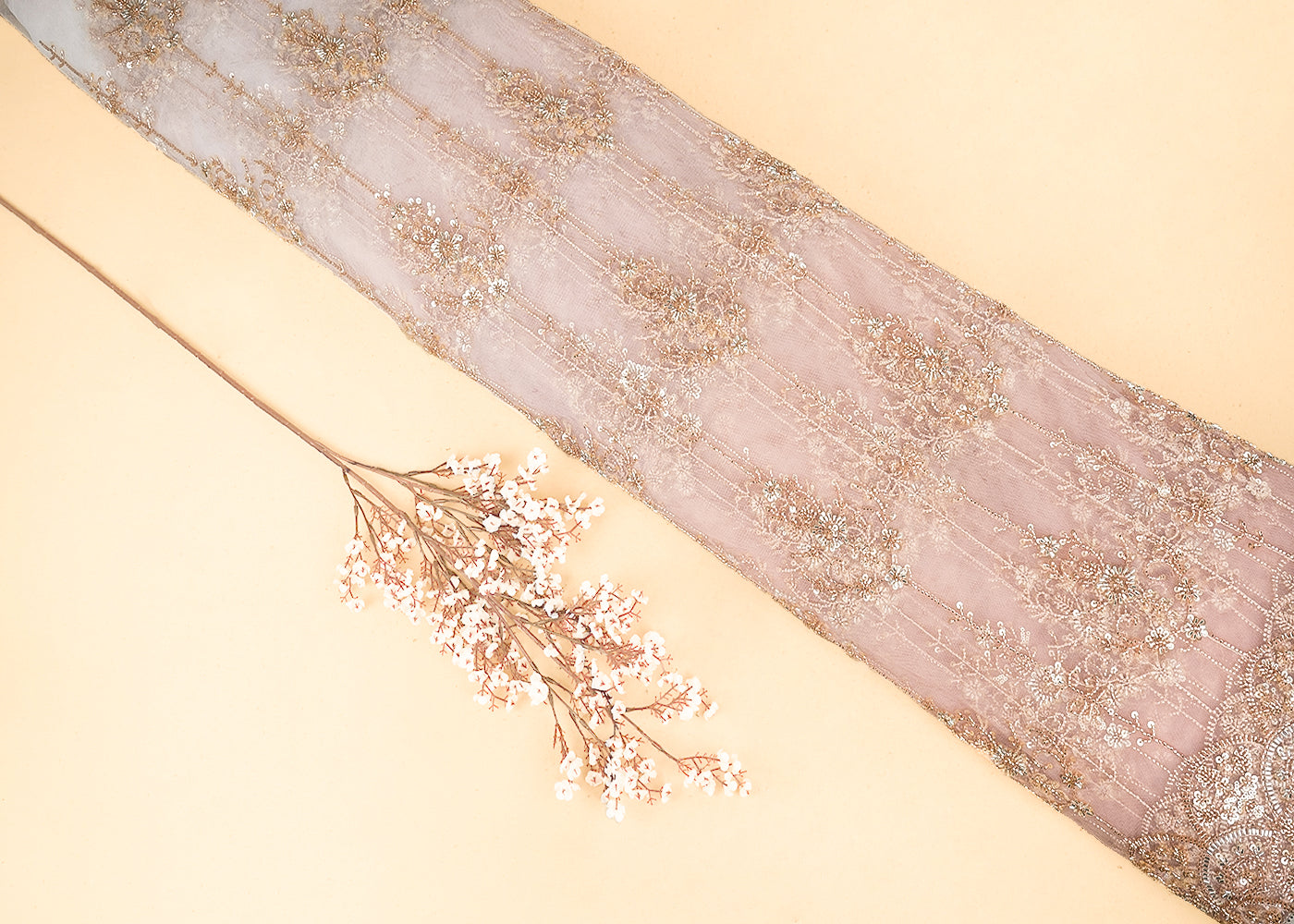 White & Peach Imported Net Fabric with Allover Sequins, Katdana, Bead Work and One-Side Border 19734