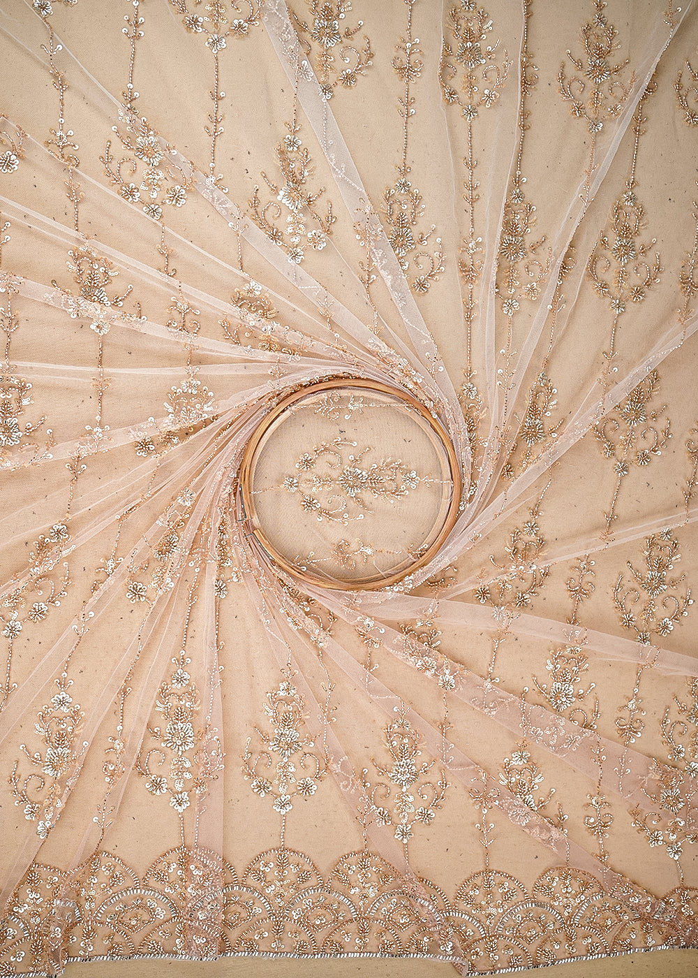 White & Peach Imported Net Fabric with Allover Sequins, Katdana, Bead Work and One-Side Border 19734