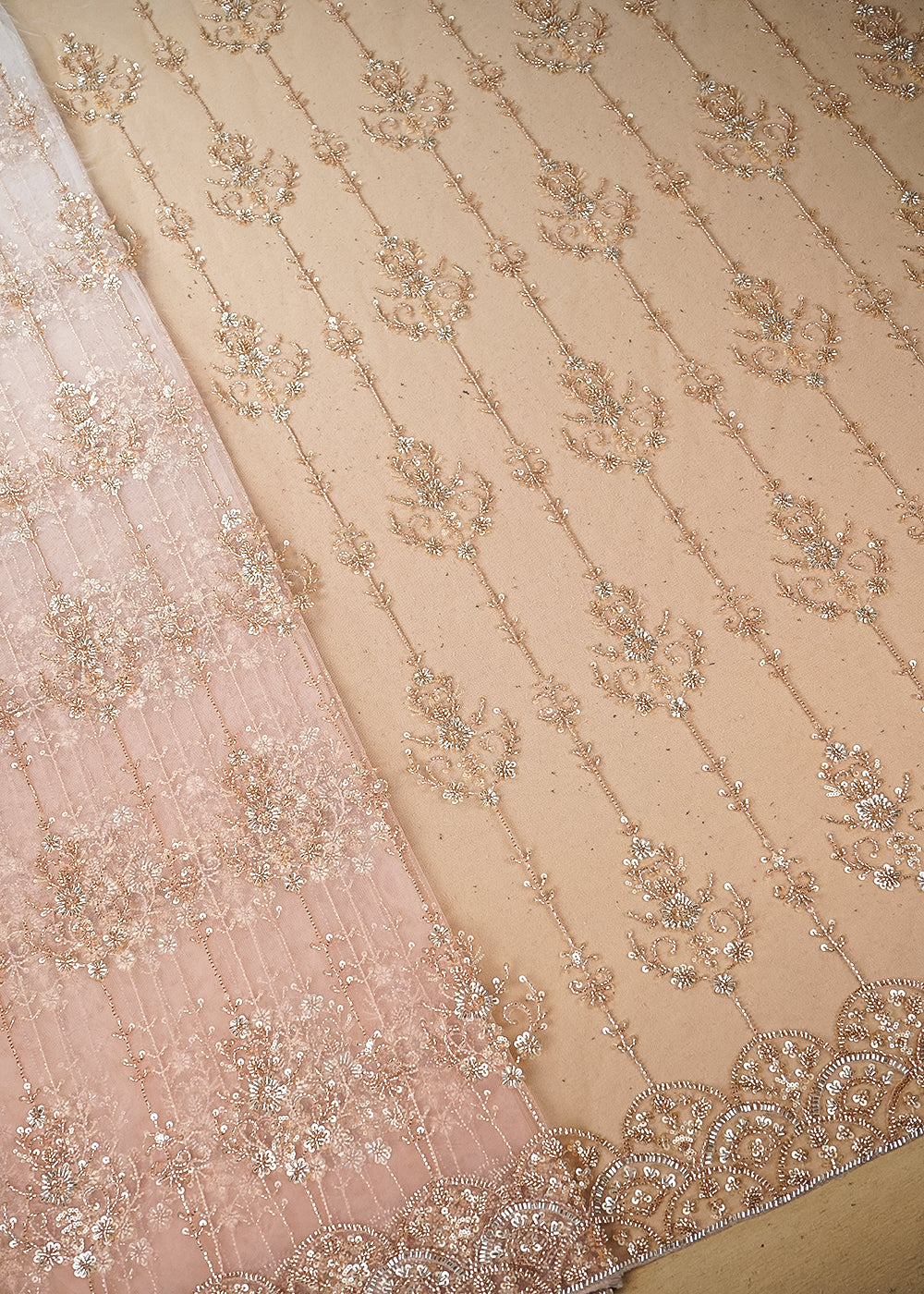 White & Peach Imported Net Fabric with Allover Sequins, Katdana, Bead Work and One-Side Border 19734