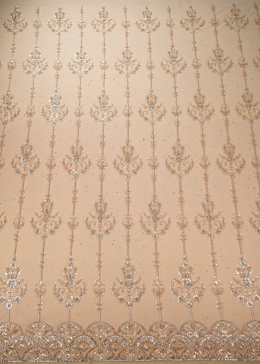 White & Peach Imported Net Fabric with Allover Sequins, Katdana, Bead Work and One-Side Border 19734