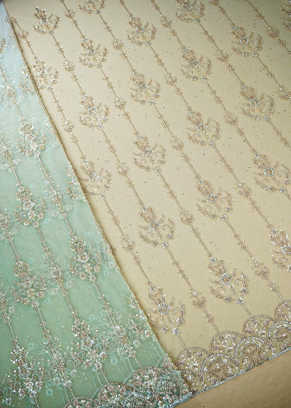 White & Sea Green Imported Net Fabric with Allover Sequins, Katdana, Bead Work and One-Side Border 19735