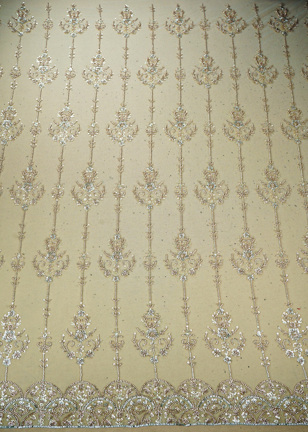 White & Sea Green Imported Net Fabric with Allover Sequins, Katdana, Bead Work and One-Side Border 19735