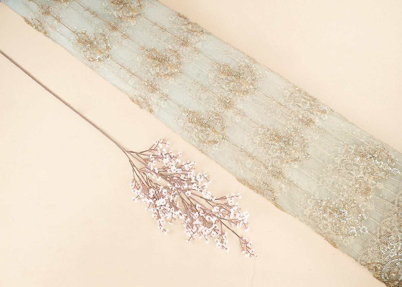 White & Light Gold Imported Net Fabric with Allover Sequins, Katdana, Bead Work and One-Side Border 19736