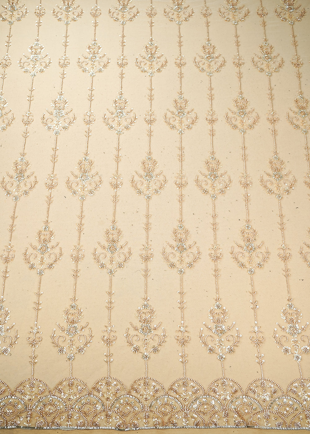 White & Light Gold Imported Net Fabric with Allover Sequins, Katdana, Bead Work and One-Side Border 19736