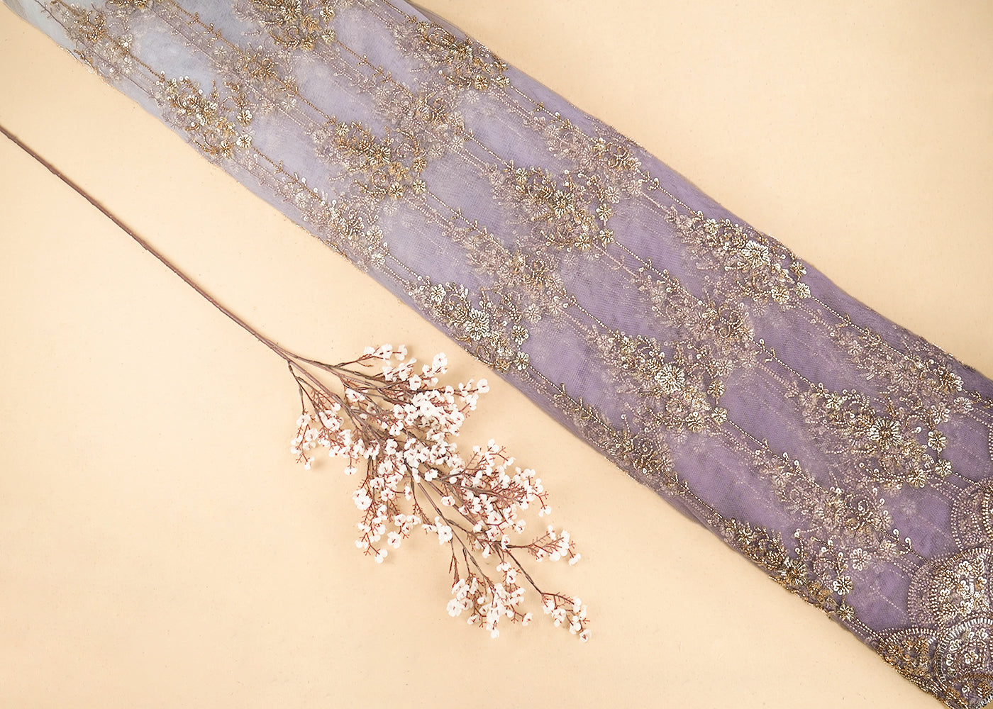 White & Lavender Imported Net Fabric with Allover Sequins, Katdana, Bead Work and One-Side Border 19737