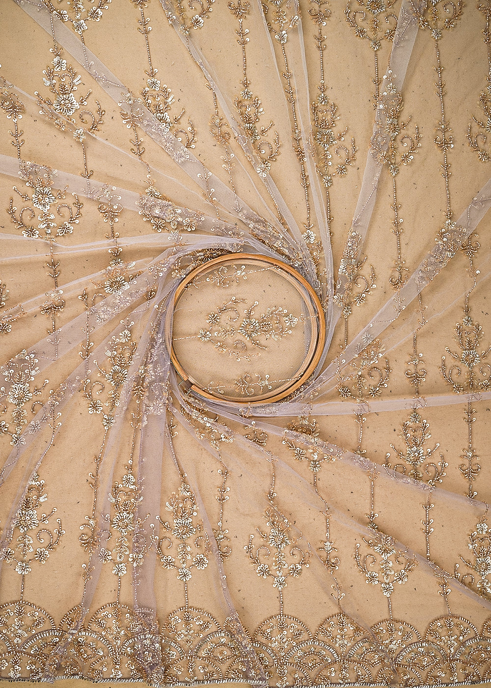 White & Lavender Imported Net Fabric with Allover Sequins, Katdana, Bead Work and One-Side Border 19737