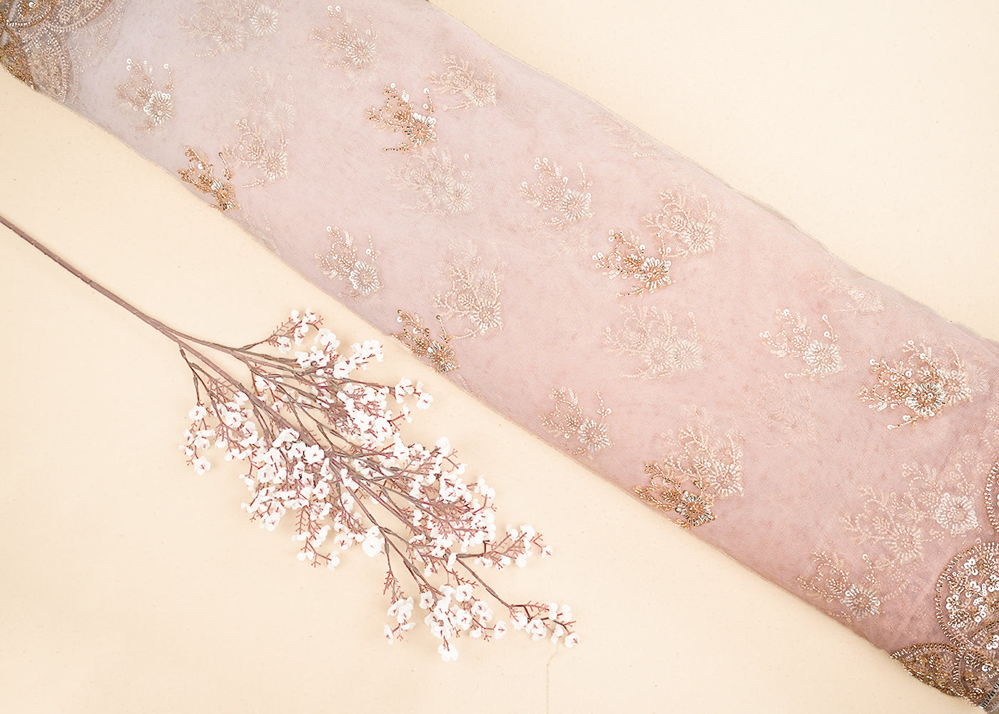 White & Peach Imported Net Fabric with Allover Sequins, Katdana, Bead Work and Two-Side Border 19738