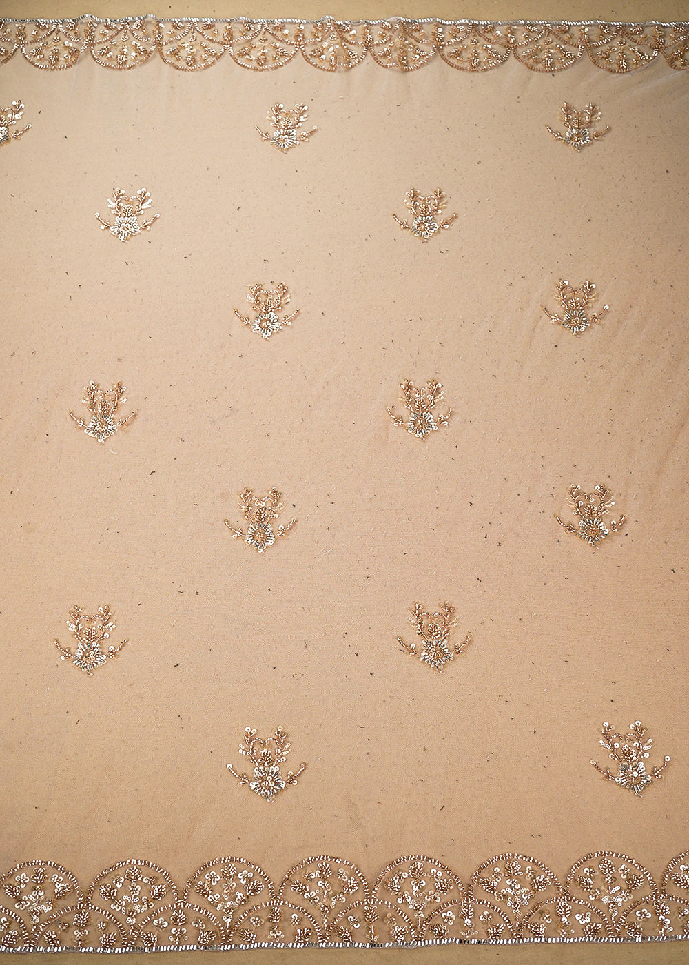 White & Peach Imported Net Fabric with Allover Sequins, Katdana, Bead Work and Two-Side Border 19738