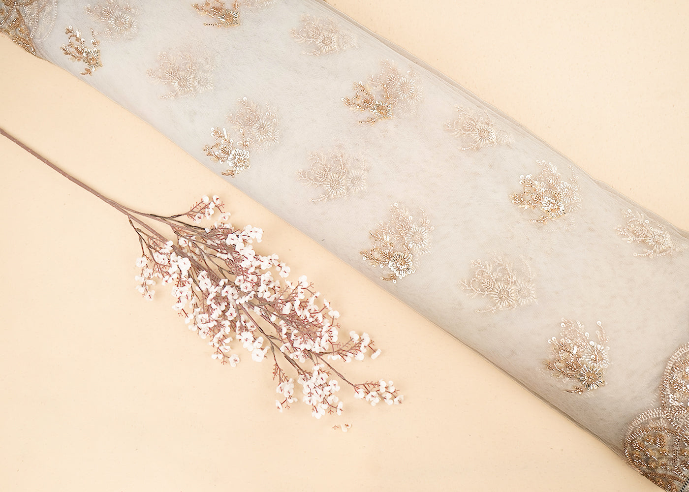 White & Light Gold Imported Net Fabric with Allover Sequins, Katdana, Bead Work and Two-Side Border 19740