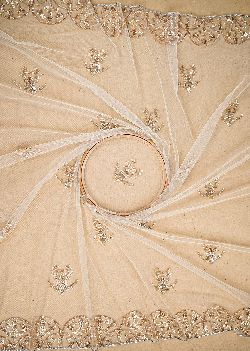 White & Light Gold Imported Net Fabric with Allover Sequins, Katdana, Bead Work and Two-Side Border 19740