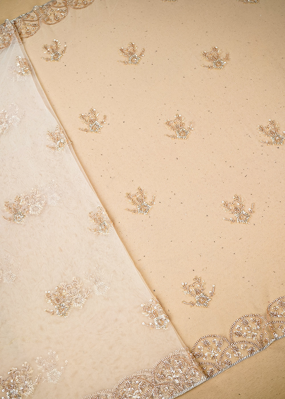 White & Light Gold Imported Net Fabric with Allover Sequins, Katdana, Bead Work and Two-Side Border 19740