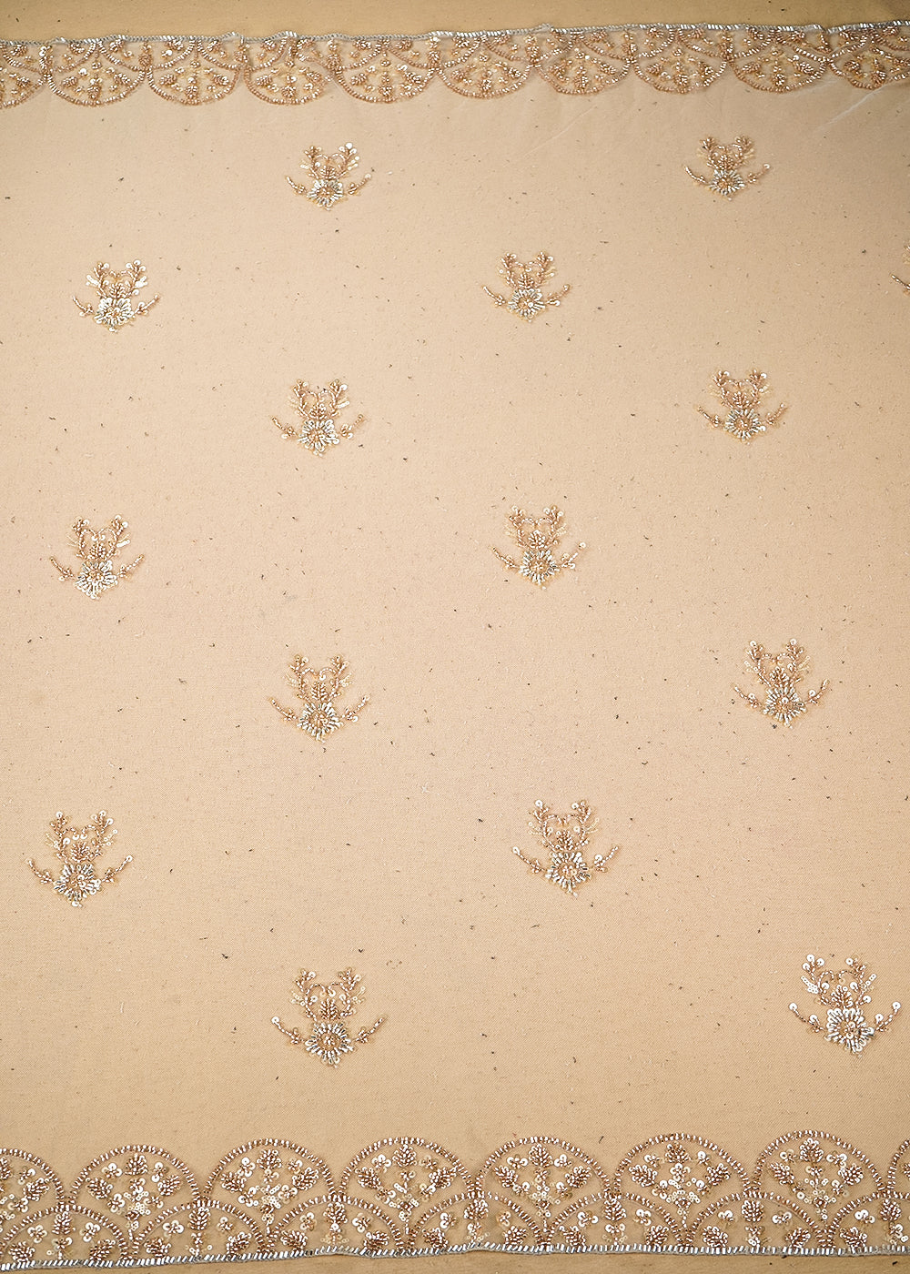 White & Light Gold Imported Net Fabric with Allover Sequins, Katdana, Bead Work and Two-Side Border 19740