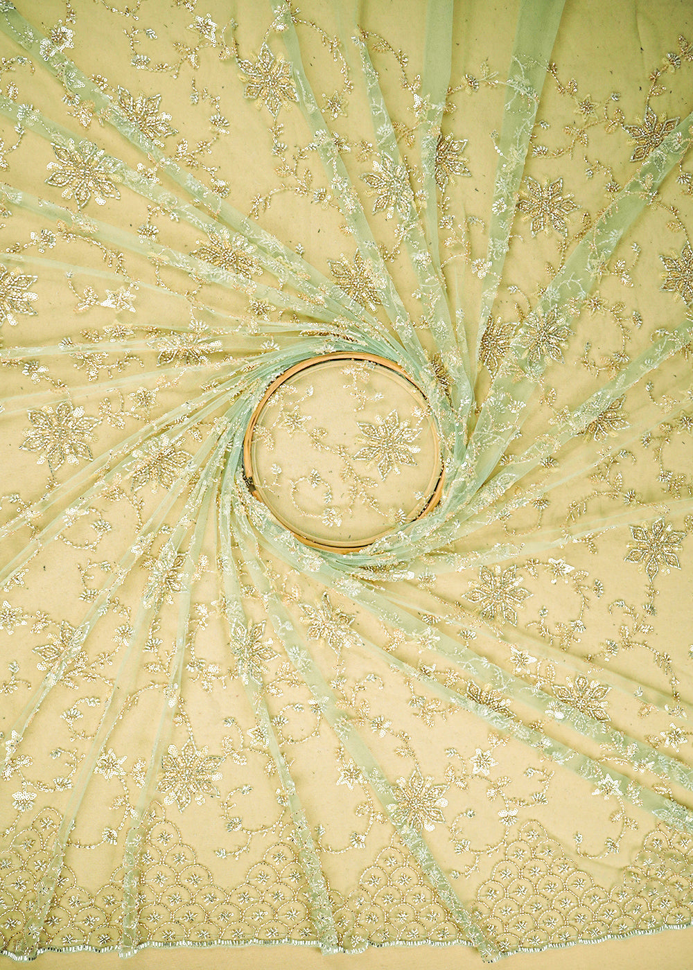 Pista Green Imported Net Fabric with Allover Sequins, Katdana, Bead Work and One-Side Border 19743