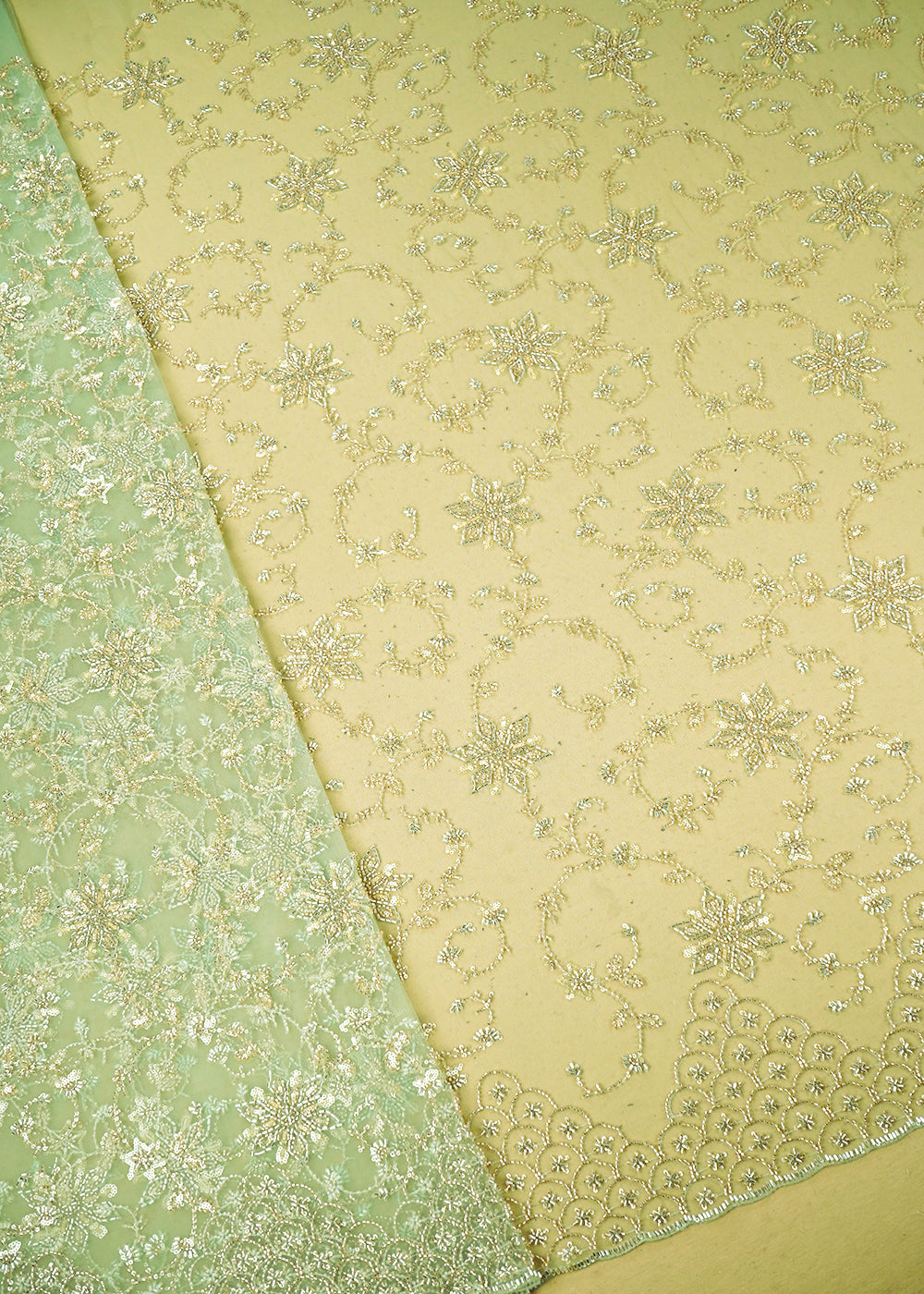 Pista Green Imported Net Fabric with Allover Sequins, Katdana, Bead Work and One-Side Border 19743