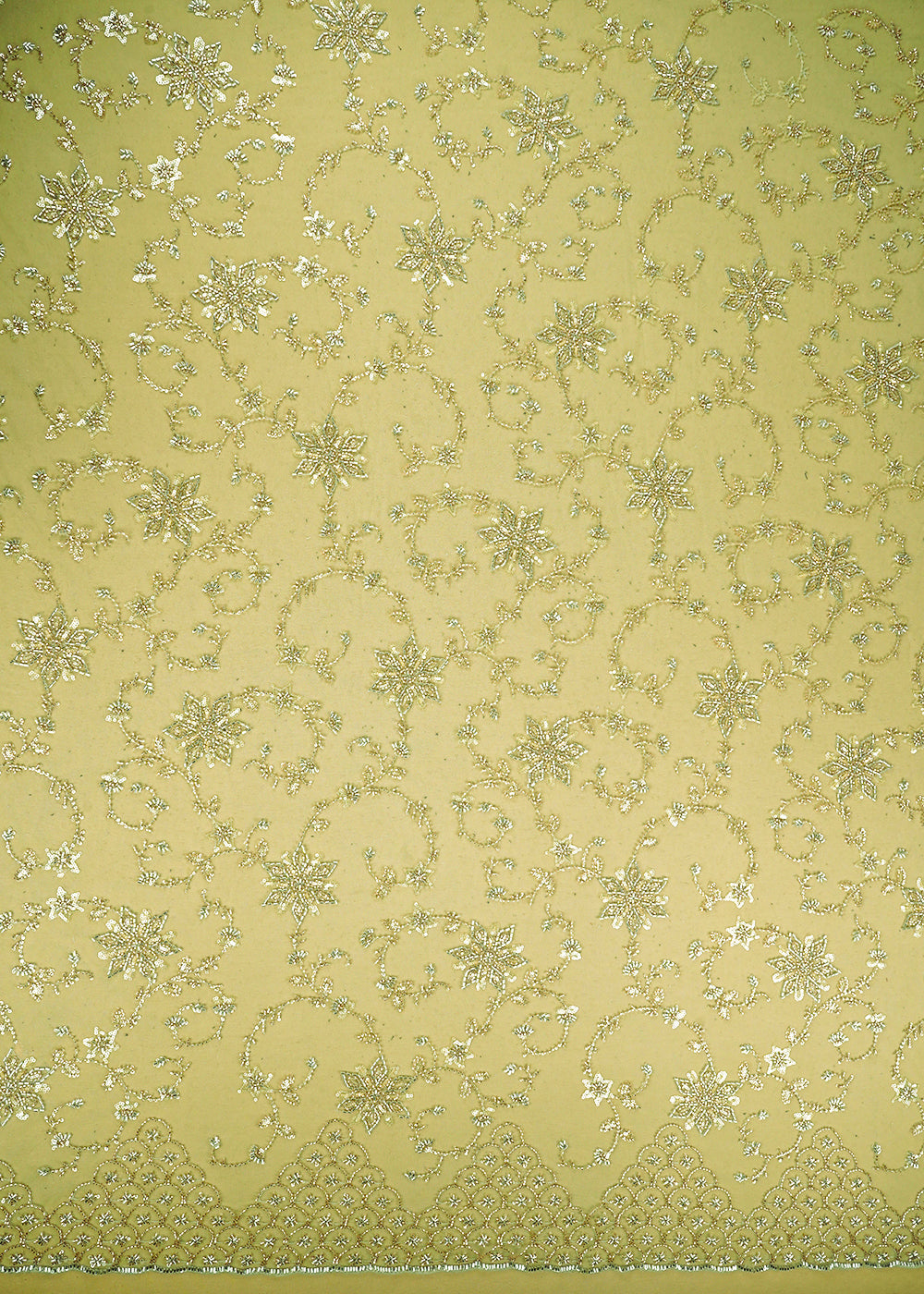 Pista Green Imported Net Fabric with Allover Sequins, Katdana, Bead Work and One-Side Border 19743