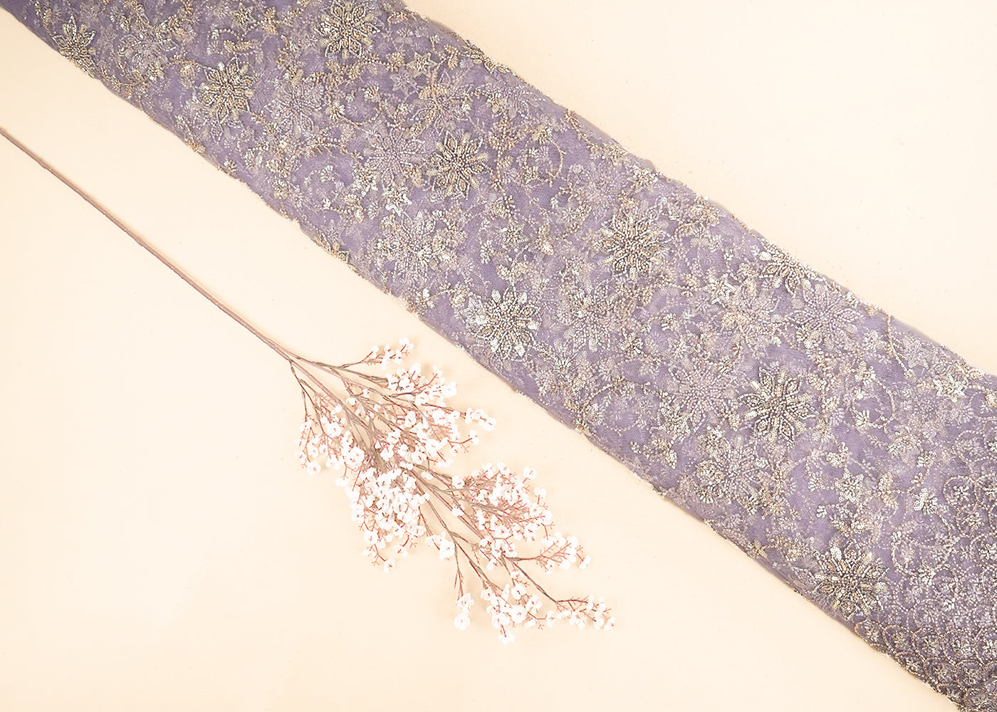 Lavender Imported Net Fabric with Allover Sequins, Katdana, Bead Work and One-Side Border 19745