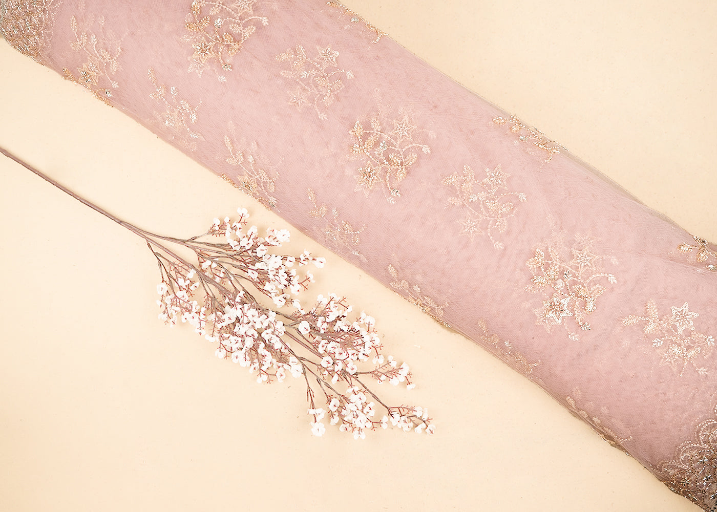 Pink Imported Net Fabric with Allover Sequins, Katdana, Bead Work and Two-Side Border 19746