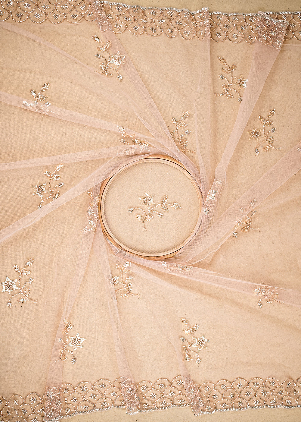 Light Pink Imported Net Dupatta Fabric with Allover Sequins, Katdana, Bead Work and Two-Side Border 19746