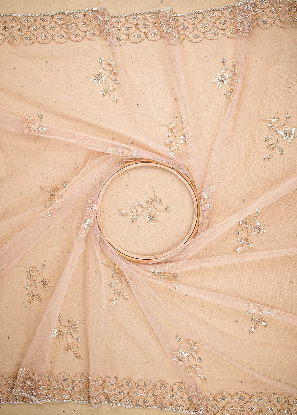 Pink Imported Net Fabric with Allover Sequins, Katdana, Bead Work and Two-Side Border 19746