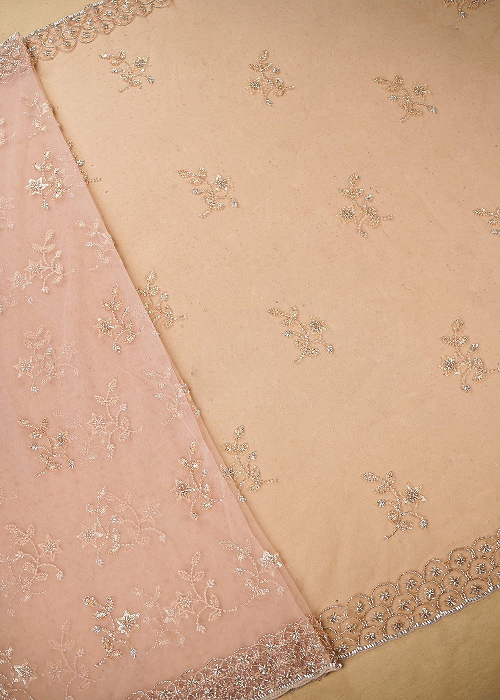 Light Pink Imported Net Dupatta Fabric with Allover Sequins, Katdana, Bead Work and Two-Side Border 19746