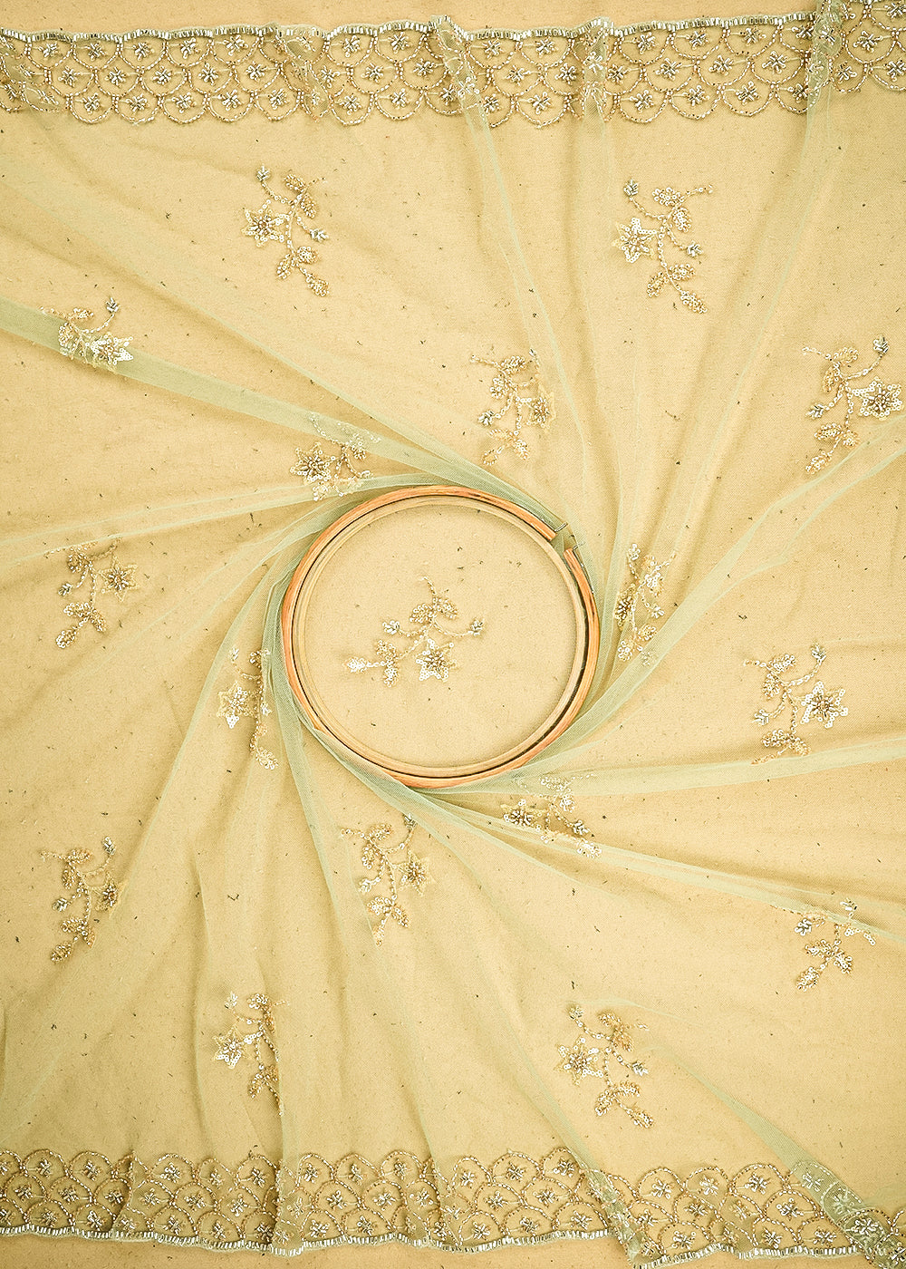 Pista Green Imported Net Fabric with Allover Sequins, Katdana, Bead Work and Two-Side Border 19747