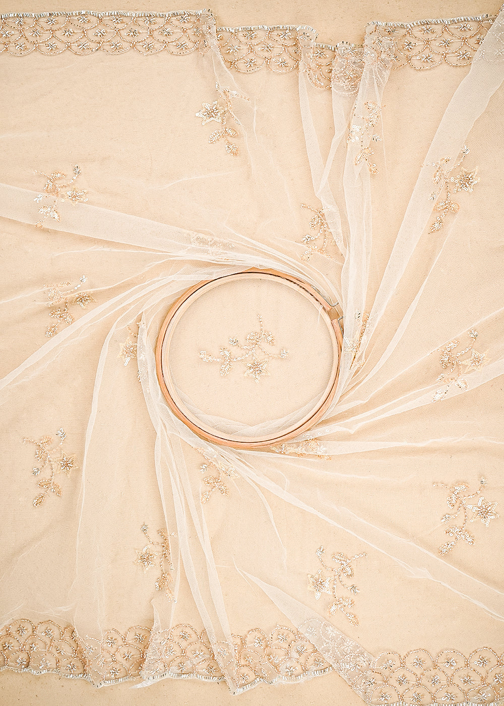 Light Gold Imported Net Dupatta Fabric with Allover Sequins, Katdana, Bead Work and Two-Side Border 19748