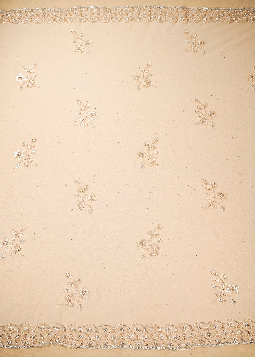 Light Gold Imported Net Fabric with Allover Sequins, Katdana, Bead Work and Two-Side Border 19748