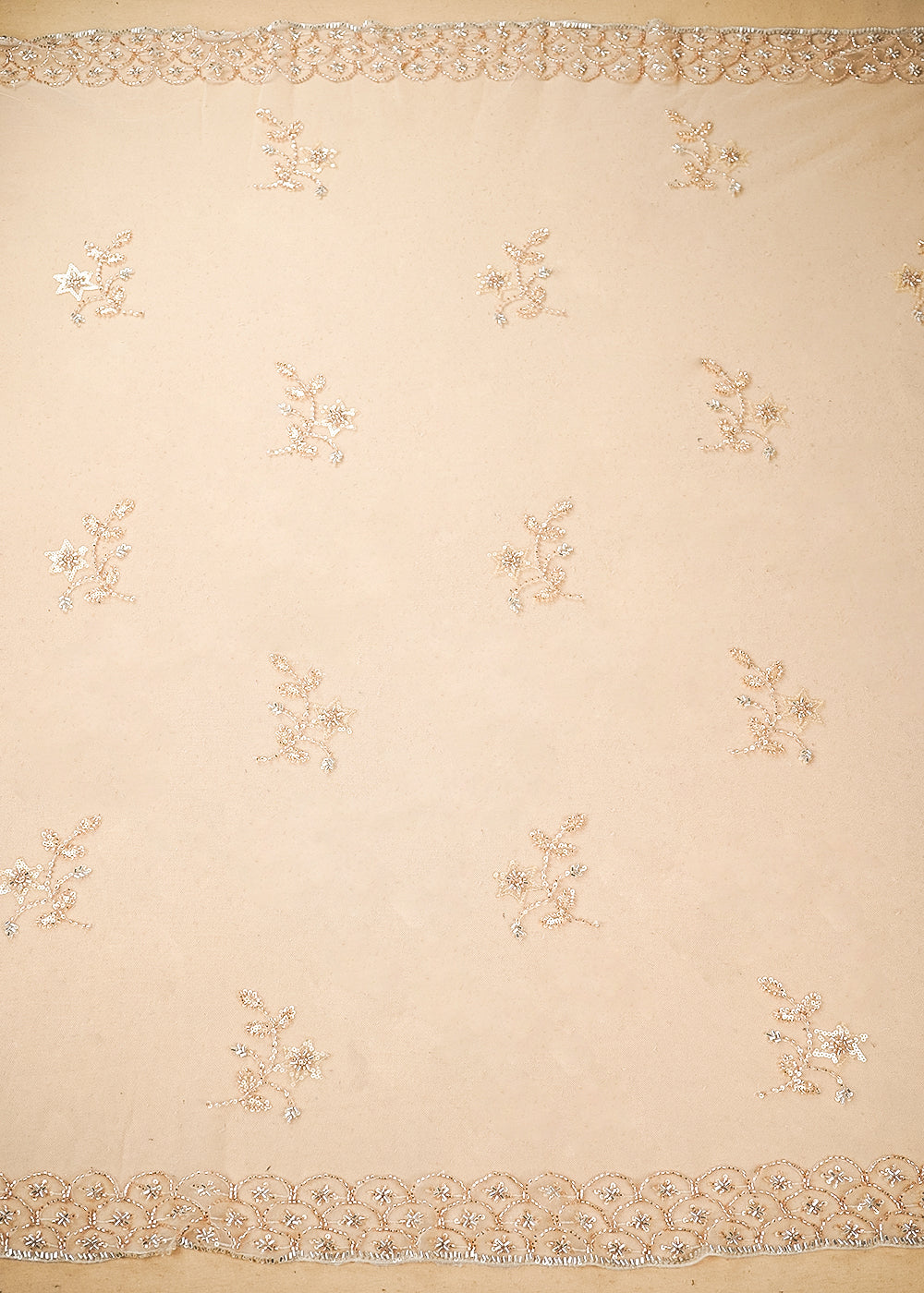 Light Gold Imported Net Dupatta Fabric with Allover Sequins, Katdana, Bead Work and Two-Side Border 19748