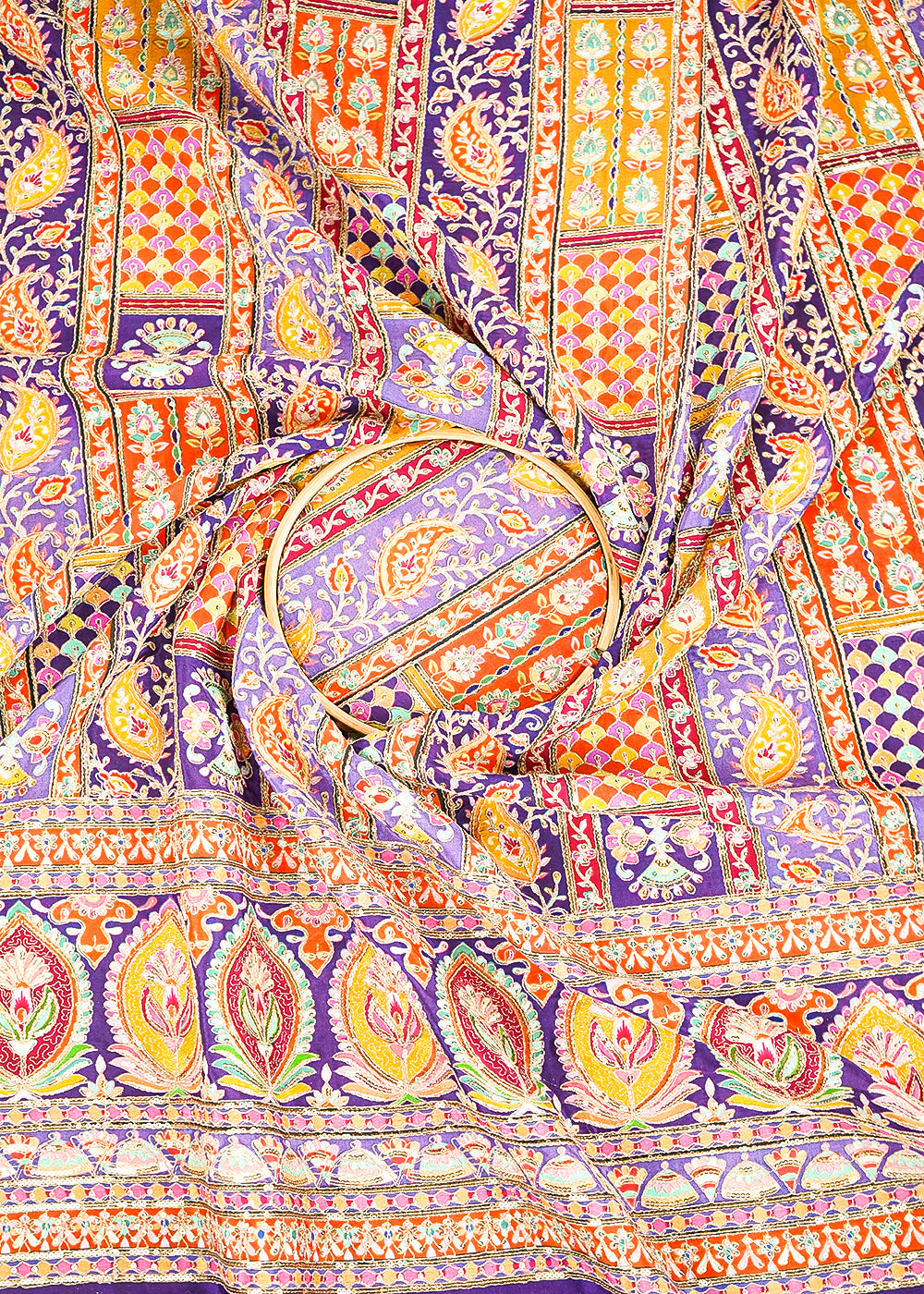 Purple Crepe Fabric with Allover Traditional Print and Sequins Zari Work with One-Side Border 19763