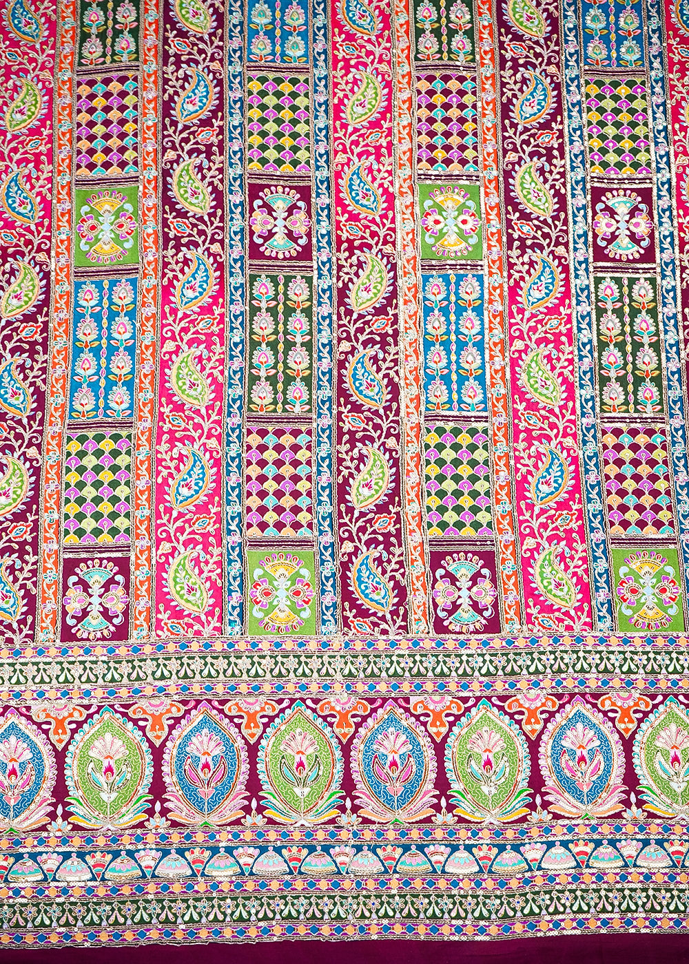 Maroon Crepe Fabric with Allover Traditional Print and Sequins Zari Work with One-Side Border 19764