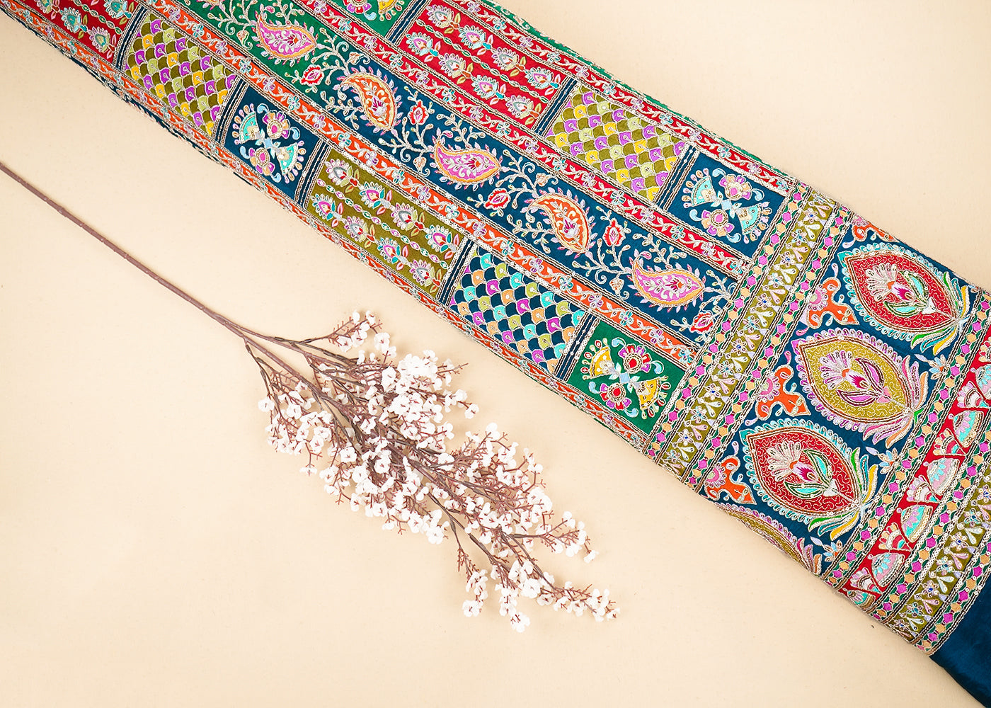 Teal Blue Crepe Fabric with Allover Traditional Print and Sequins Zari Work with One-Side Border 19765