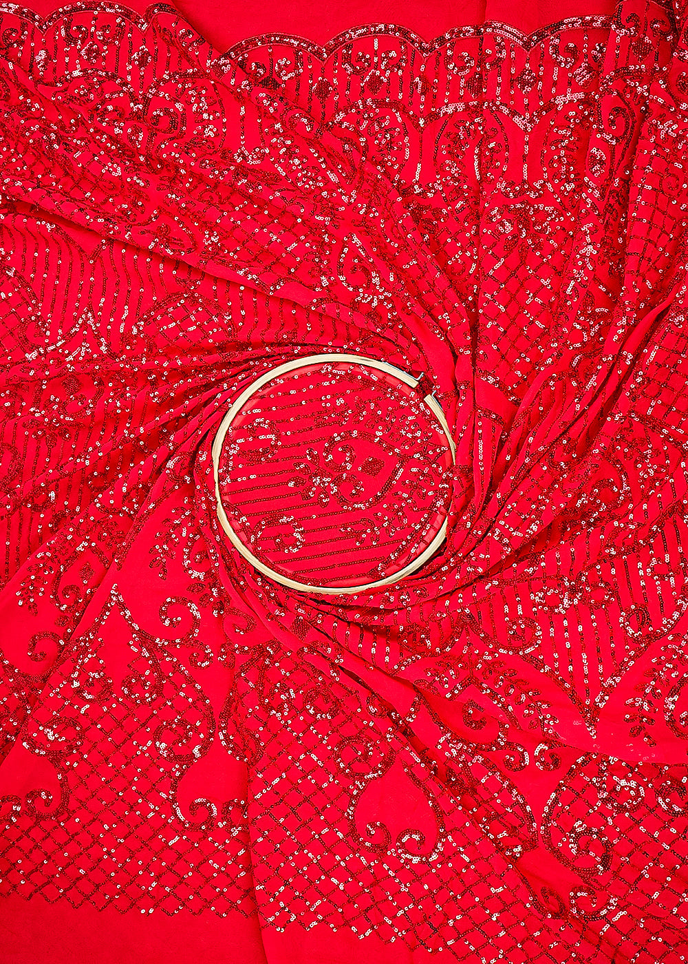 Red Georgette Fabric with Allover Sequins Work and One-Side Scalloped Border 19766