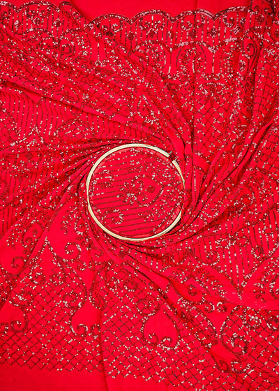 Red Georgette Fabric with All Over Sequins Work and One-Side Scalloped Border 19766