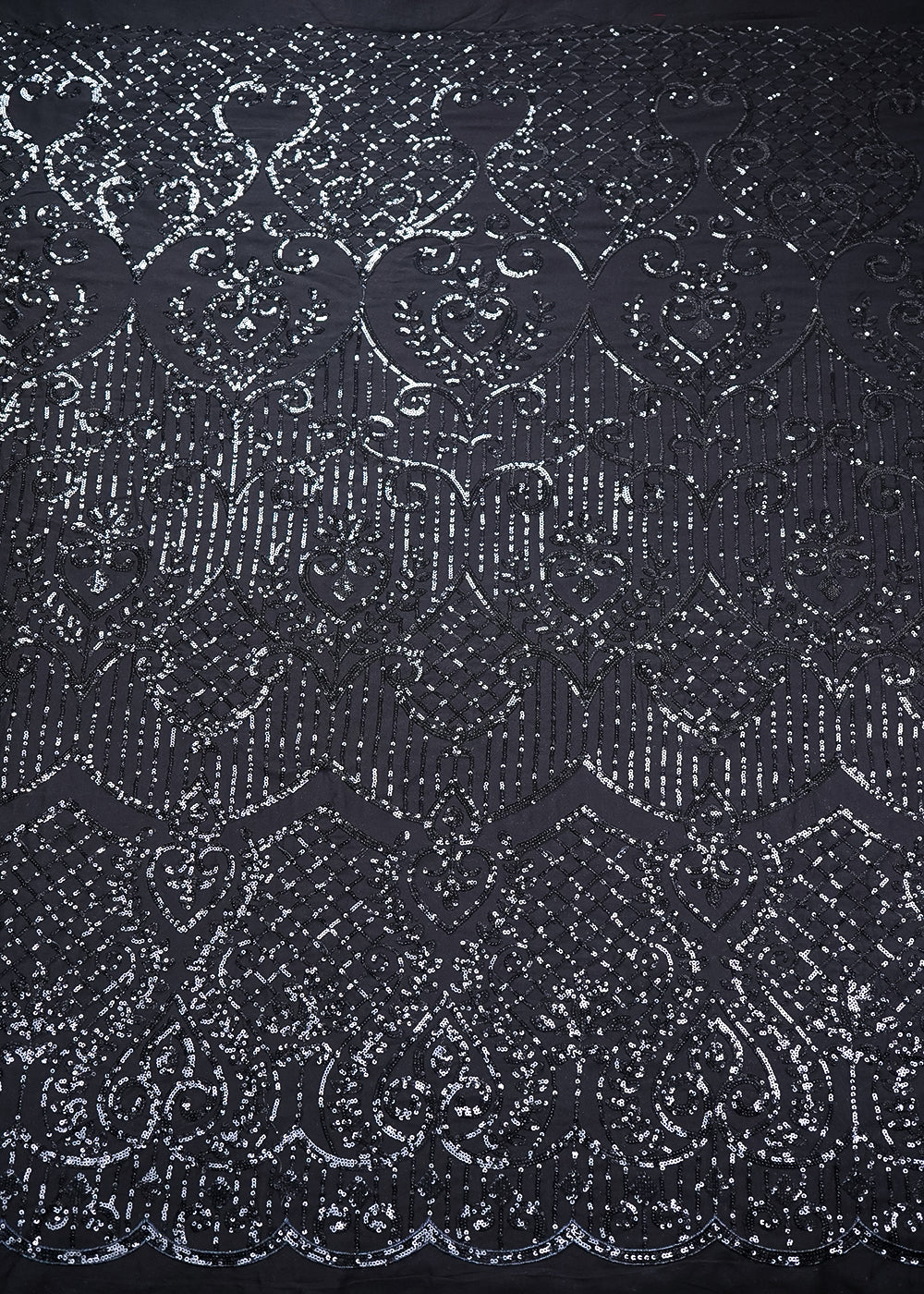 Black Georgette Fabric with Allover Sequins Work and One-Side Scalloped Border 19767