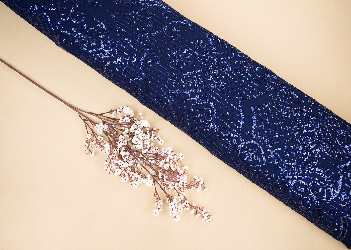 Navy Blue Georgette Fabric with Allover Sequins Work and One-Side Scalloped Border 19768