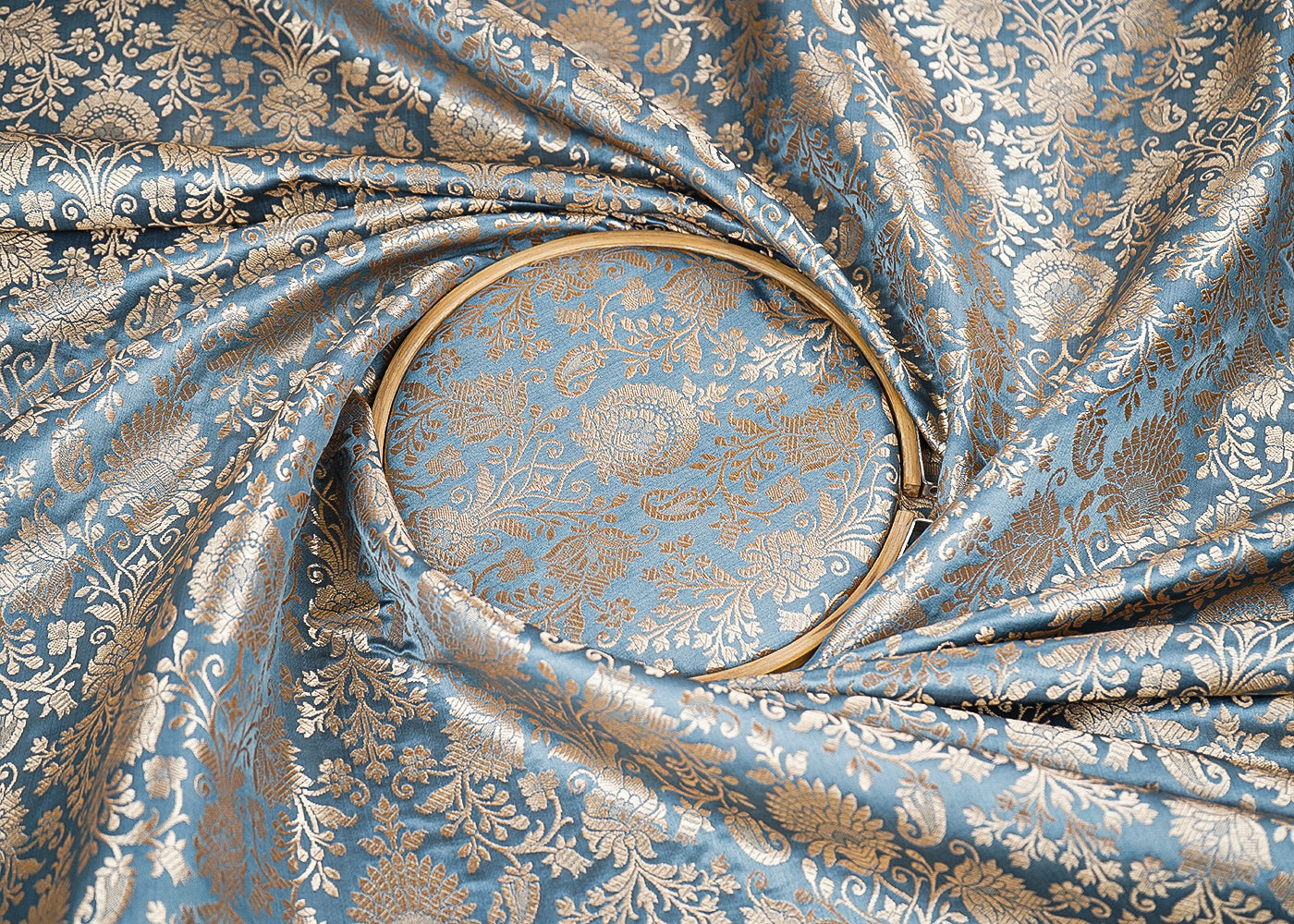 Cool Grey Banarasi Brocade Fabric with Allover Golden Zari Handloom 19778