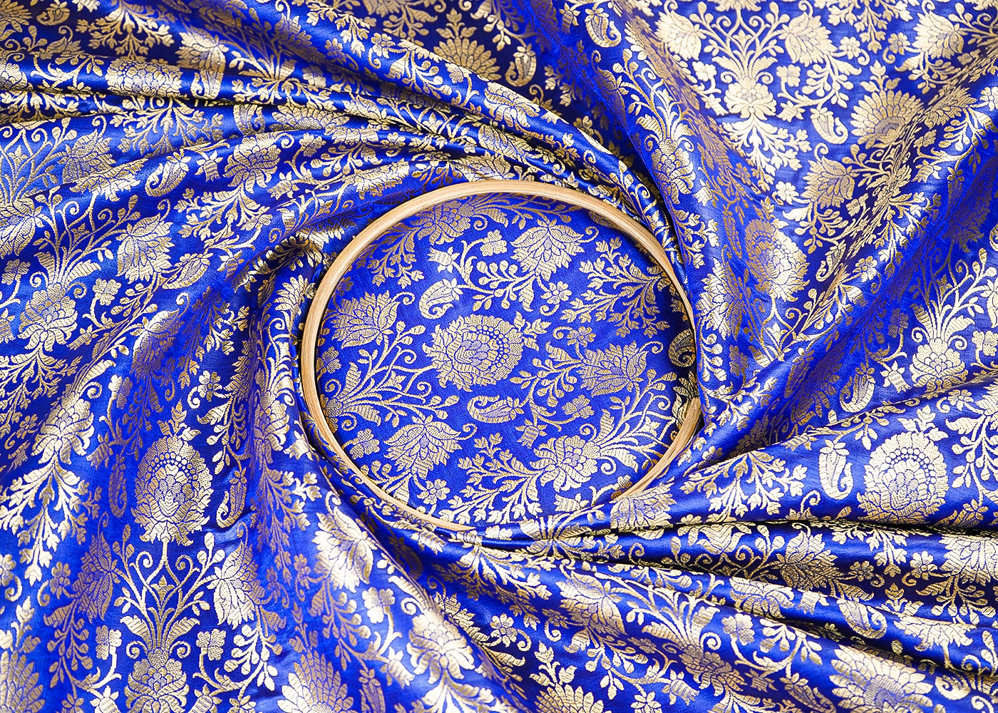 Royal Blue Banarasi Brocade Fabric with Allover Golden Zari Handloom 19779