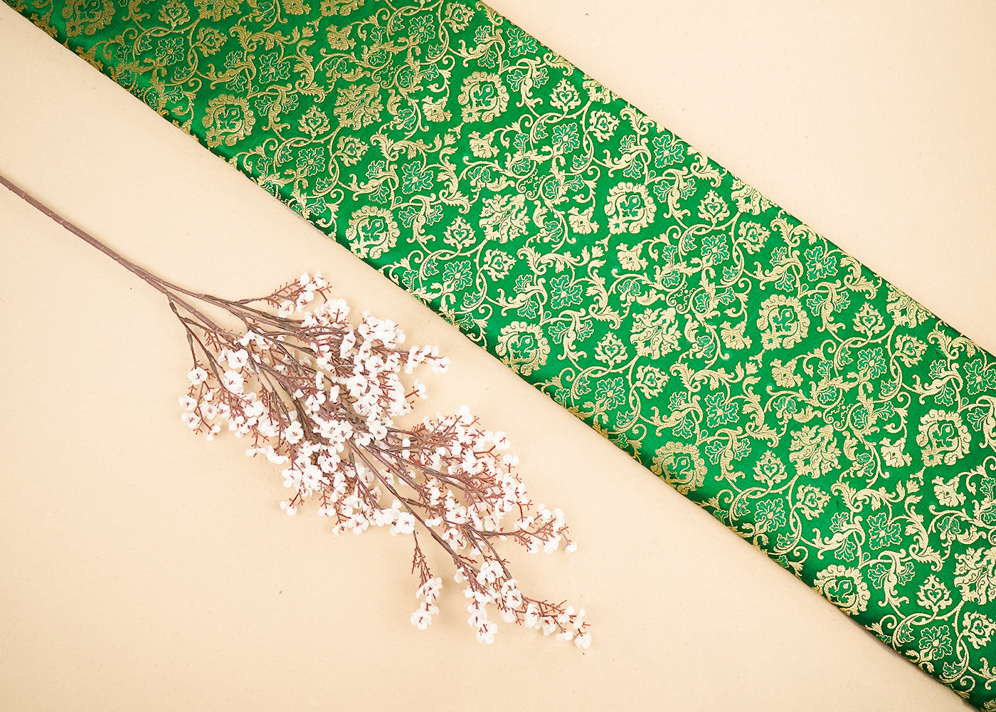 Green Banarasi Brocade Fabric with Allover Golden Zari Handloom 19780
