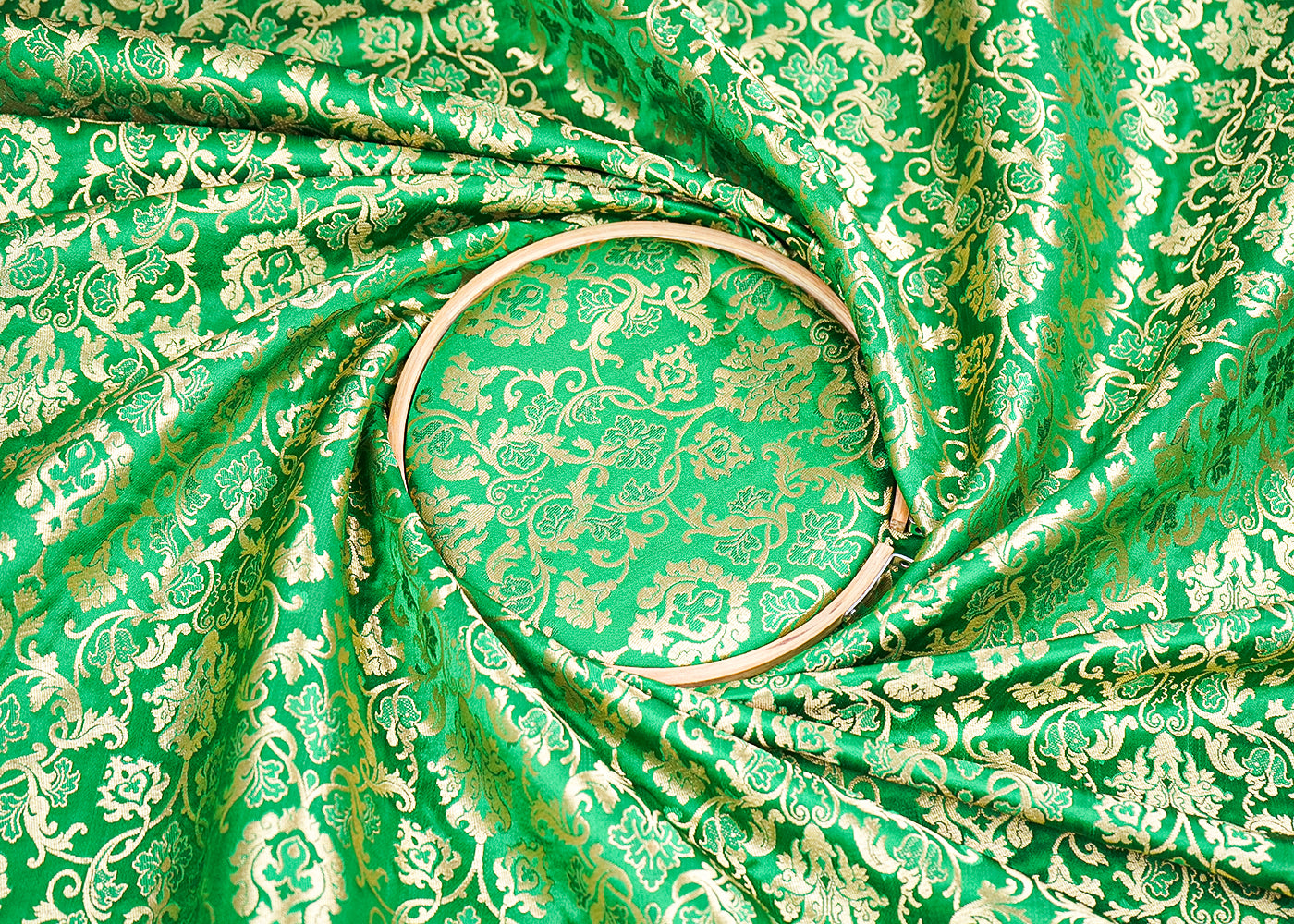 Green Banarasi Brocade Fabric with Allover Golden Zari Handloom 19780