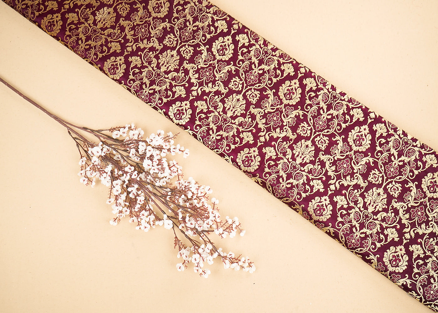 Wine Banarasi Brocade Fabric with Allover Golden Zari Handloom 19781