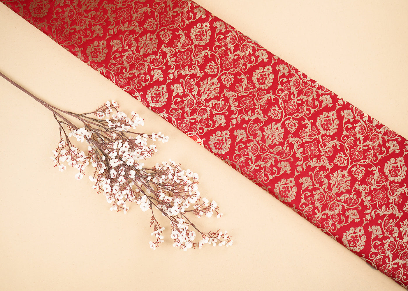 Red Banarasi Brocade Fabric with Allover Golden Zari Handloom 19783